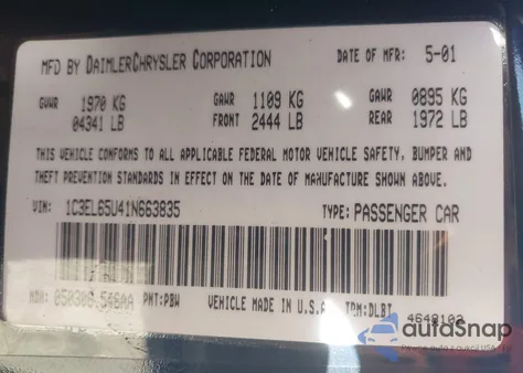 2001 Chrysler Sebring Limited from USA, damaged, VIN 1C3EL65U41N663835